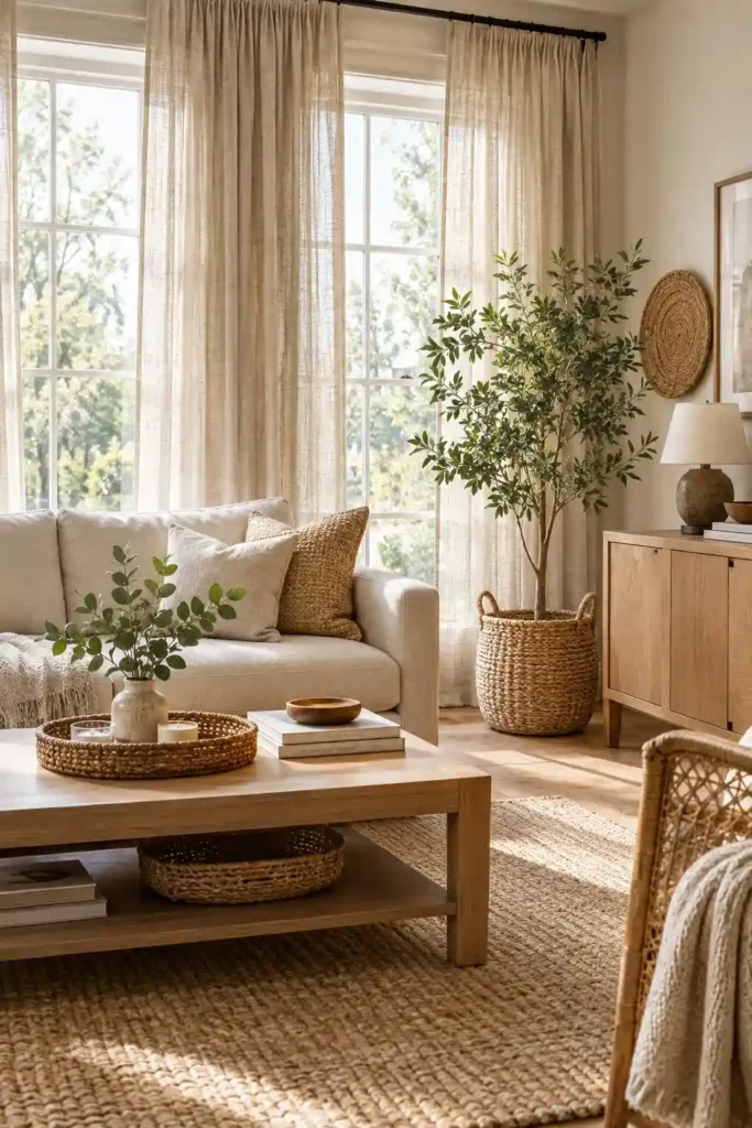 Natural linen curtains in a warm organic living room with wood and woven decor.