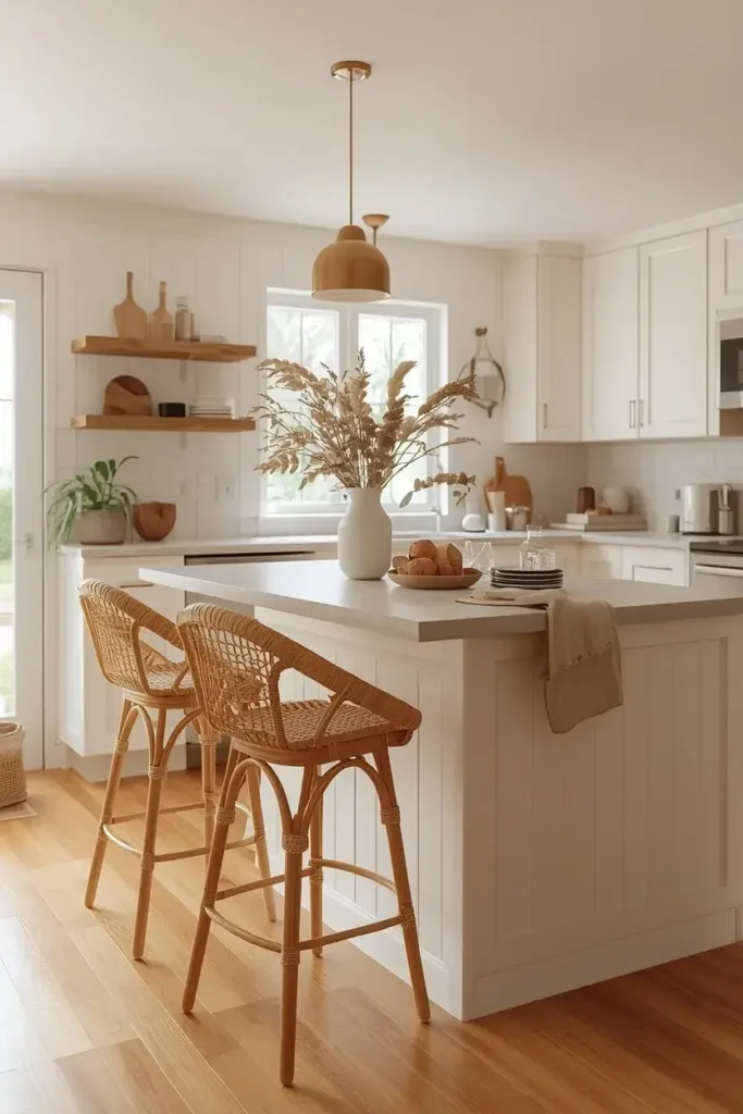 Natural rattan bar stools adding texture to a warm kitchen island.