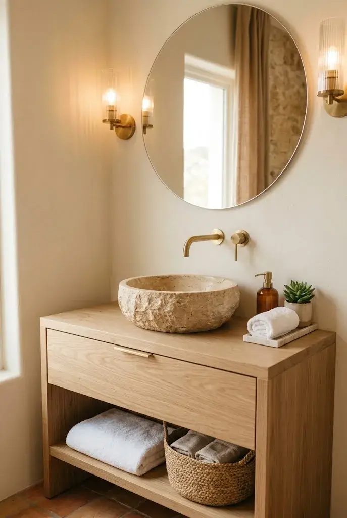 Natural stone bathroom sink with oak vanity, brass faucet, and earthy neutral decor.