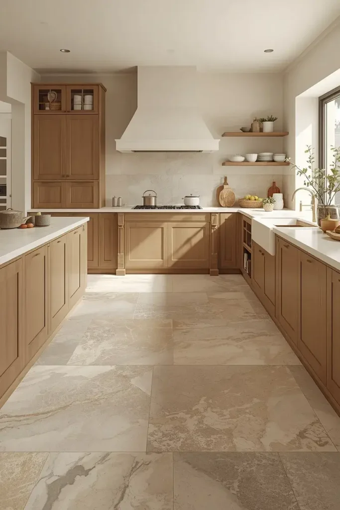 Natural stone look kitchen tile floor with warm wood cabinets and neutral stone surfaces.