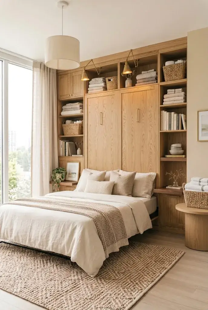 Natural wood Murphy bed with cream bedding and warm minimalist decor
