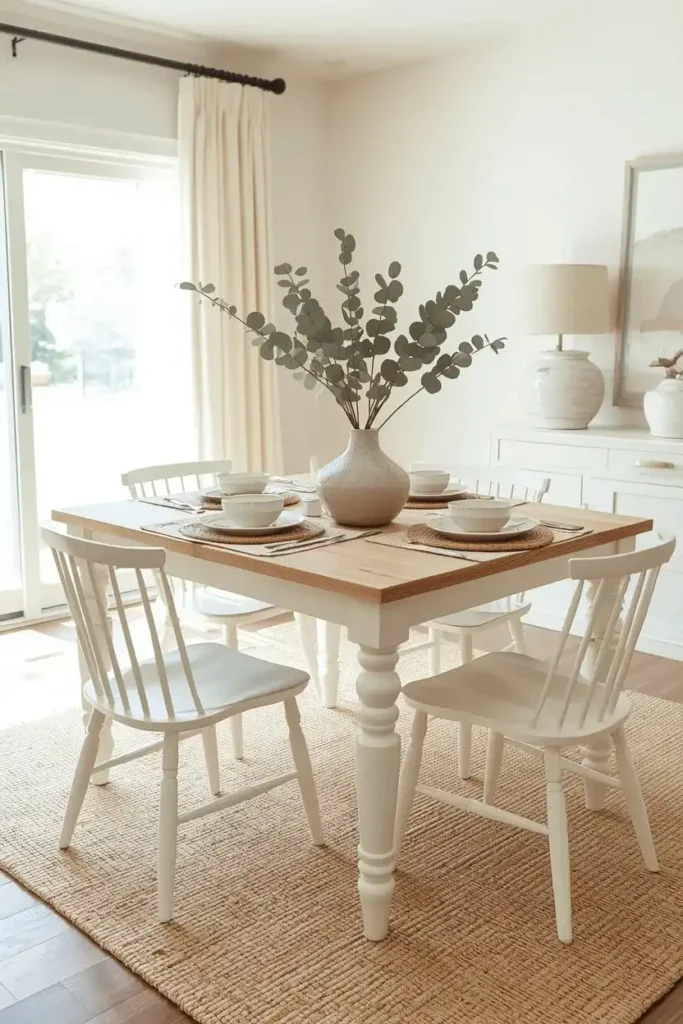 Natural wood and white dining table with bright farmhouse-inspired decor