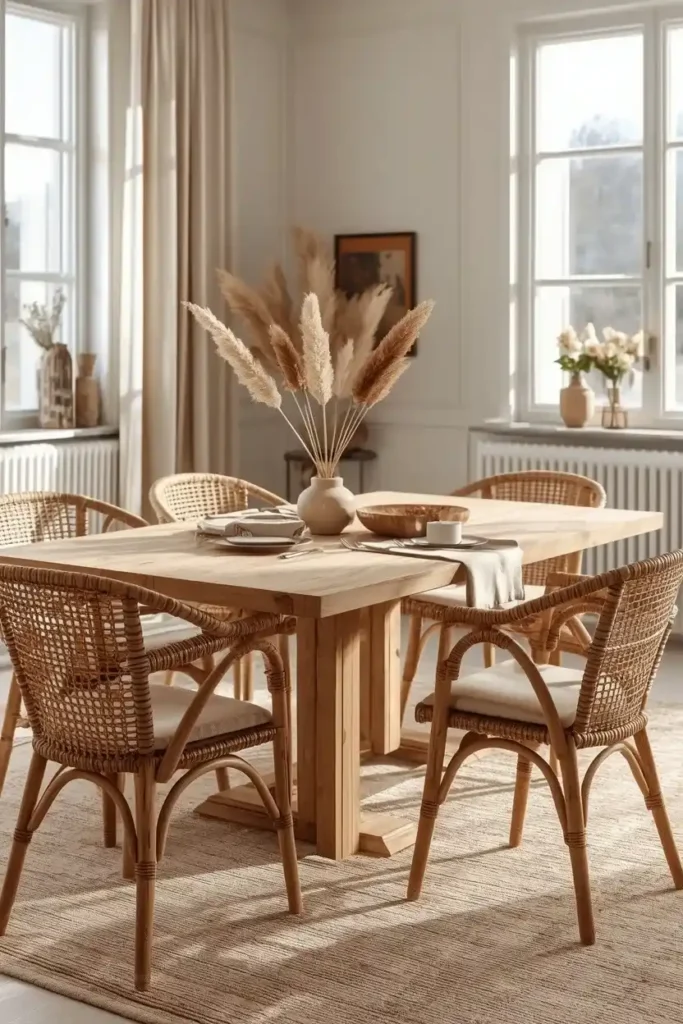 Natural wood dining table with woven chairs and earthy boho decor.