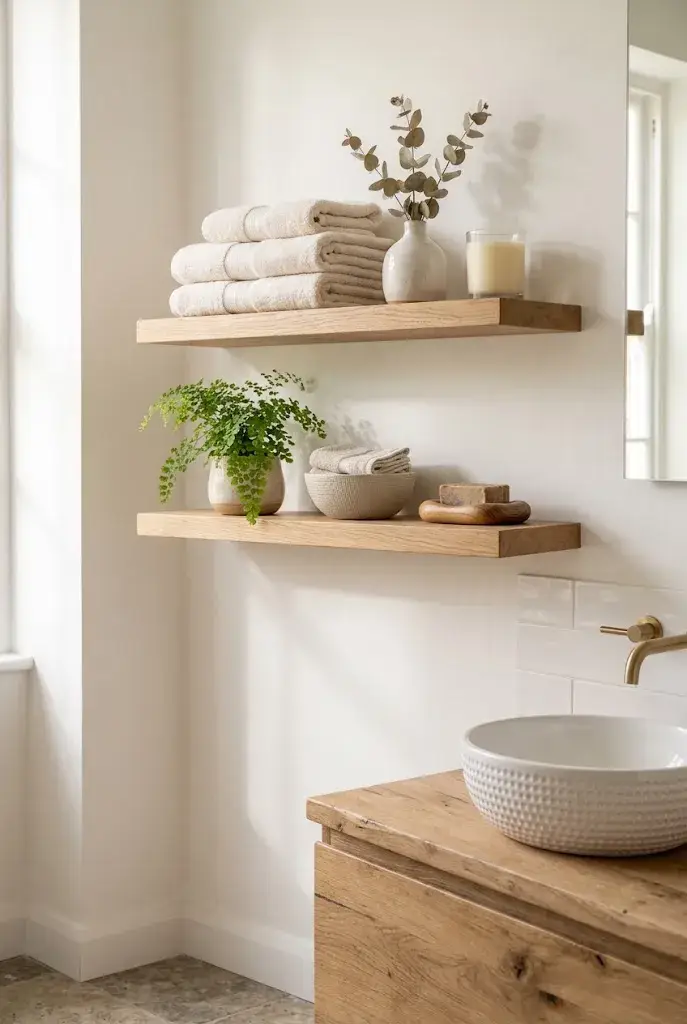 Natural wood floating shelves styled with towels, plants, and decor in a bathroom.