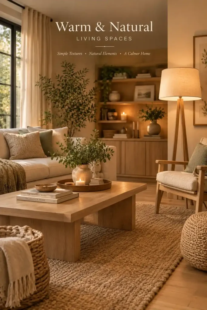 Natural wood floor lamp with linen shade in a warm organic living room.