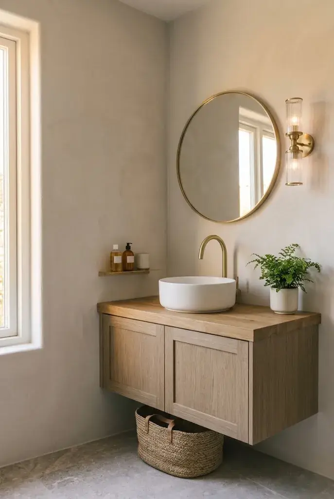 Natural wood vanity with a round white sink, brass faucet, and cozy bathroom decor.