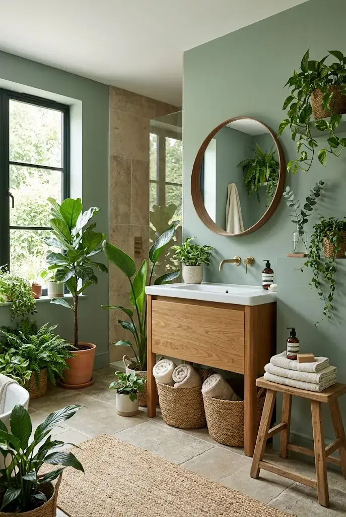 Nature-inspired green bathroom with leafy plants, wood vanity, stone flooring, woven baskets, and soft daylight.