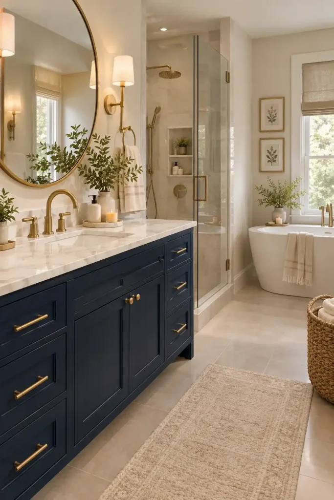 Navy blue bathroom vanity with white marble countertop, brass hardware, and a large round mirror.