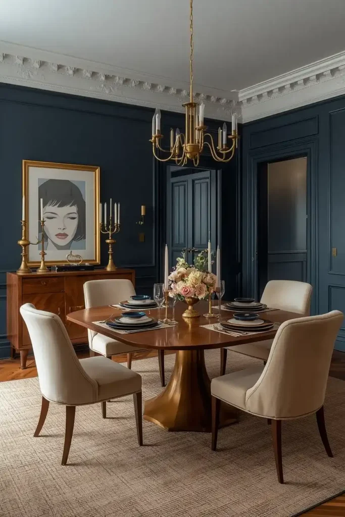 Navy blue dining room with brass chandelier and accents