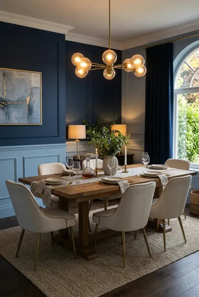 Navy blue dining room with wooden table and brass chandelier