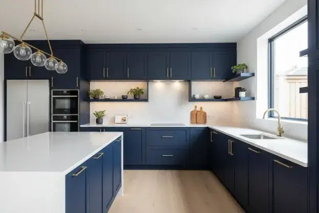 Navy blue kitchen cabinets paired with white quartz countertops and brass hardware.