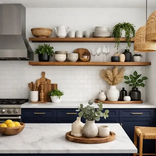  Navy blue kitchen cabinets with natural wood open shelving styled with cream ceramics and greenery.