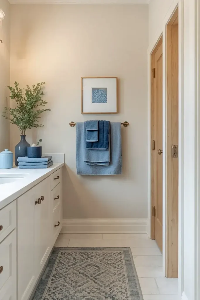 Neutral bathroom decorated with blue towels, ceramic accessories, artwork, and a patterned bath mat.