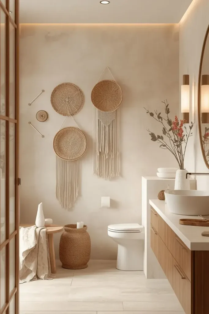 Neutral bathroom wall decorated with woven and textured natural pieces.