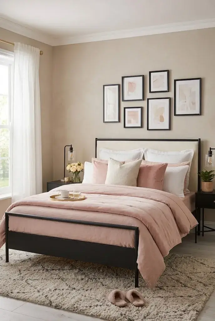 Neutral bedroom decorated with pink bedding and black accessories