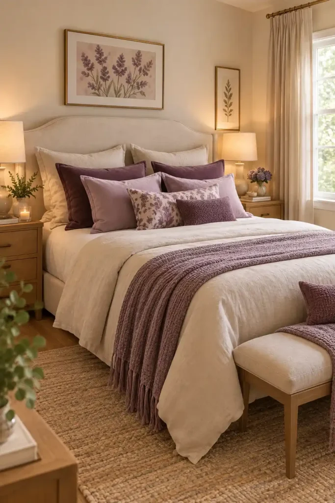 Neutral bedroom layered with lavender, mauve, and purple accent pillows.