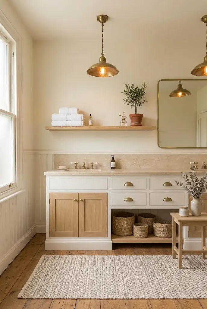 Neutral beige rug adding warmth to a modern bathroom