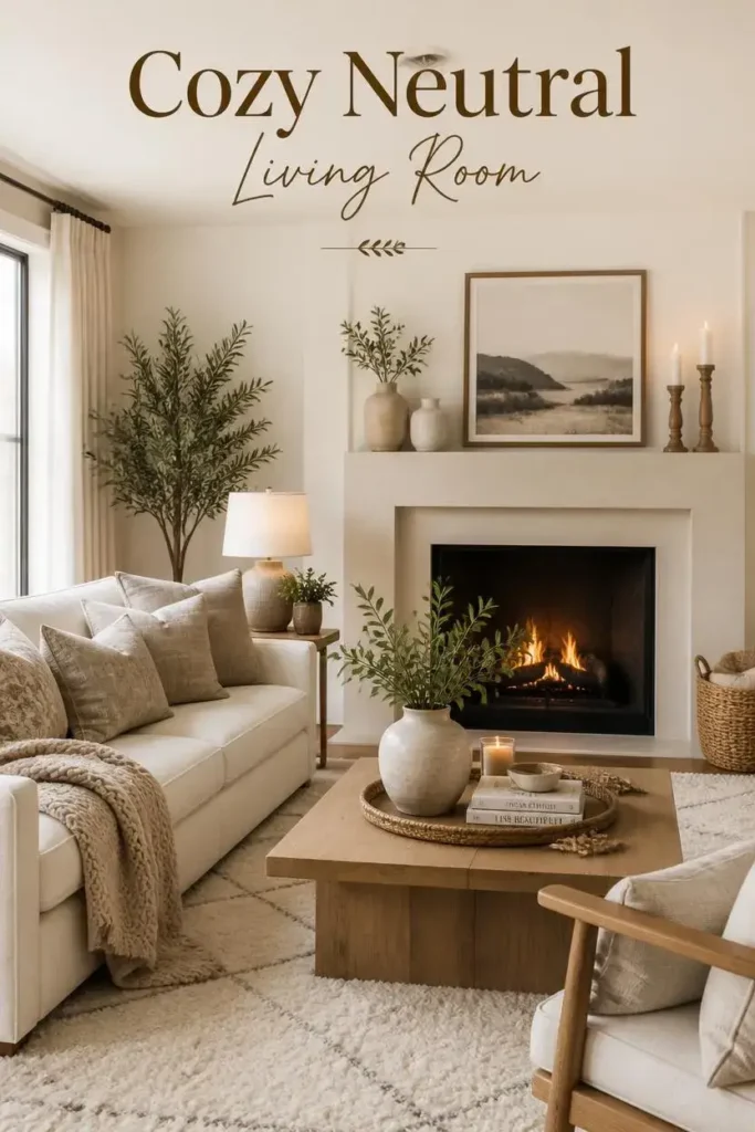 Neutral living room with fireplace featuring a cream sofa, beige textiles, natural wood furniture, greenery, and warm lighting.