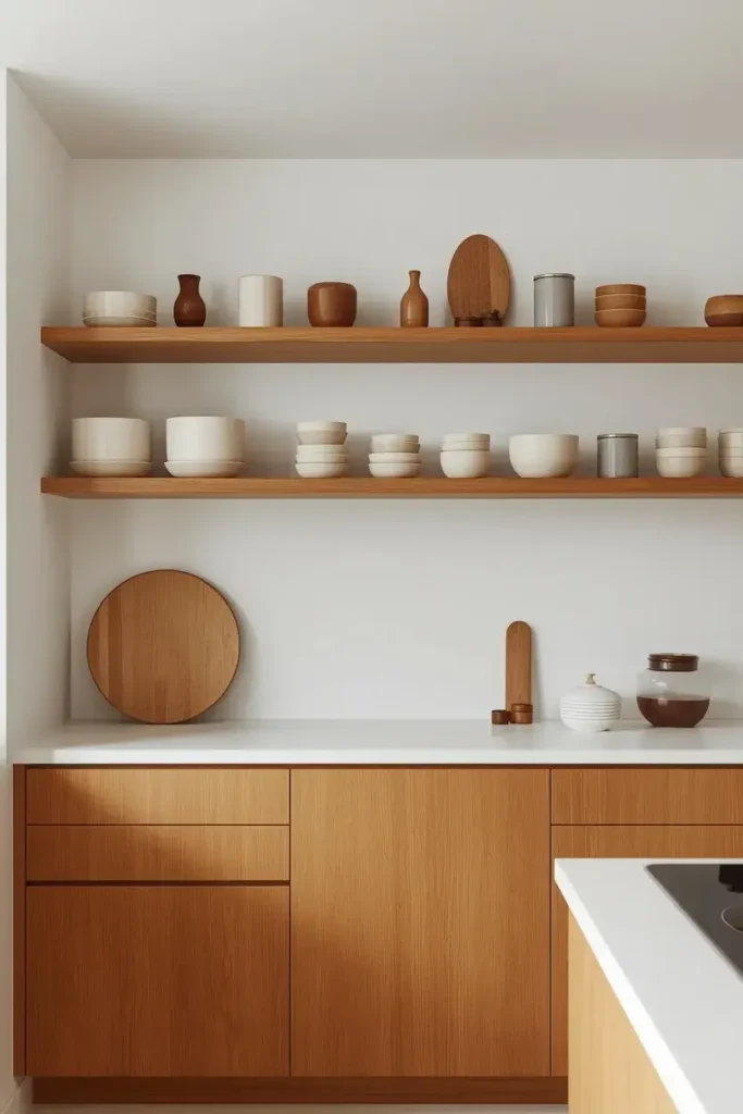 Open oak shelves display simple ceramics and natural accessories in a Japandi kitchen