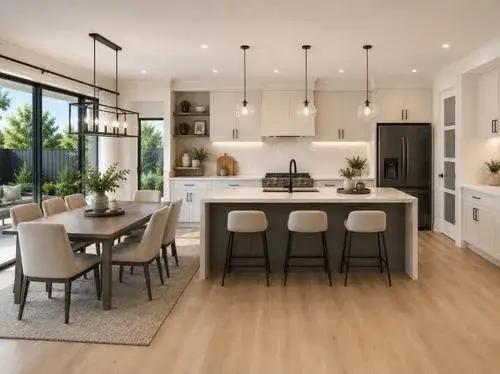 Open plan L shaped kitchen with island connected to a warm neutral dining area.