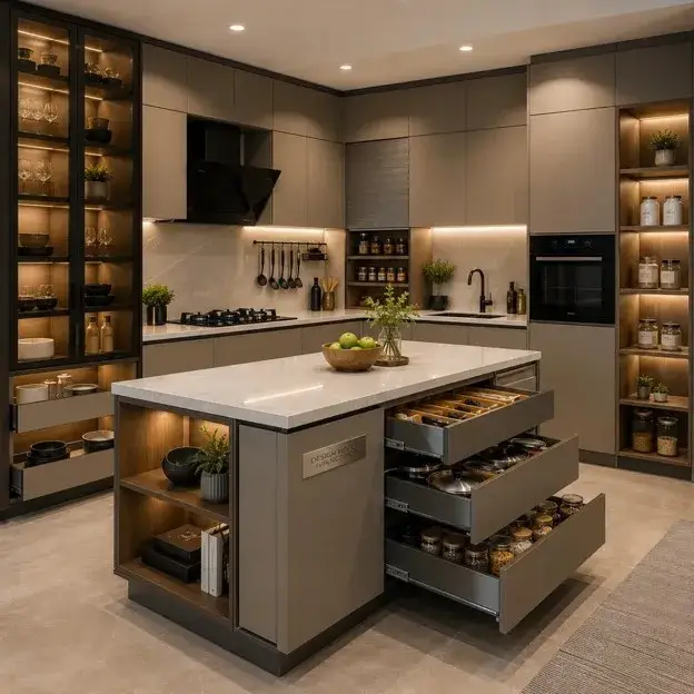 Organized L shaped kitchen with built-in pantry cabinets, island storage, and neutral finishes.