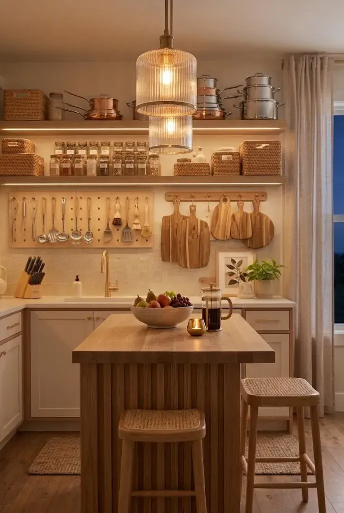 Organized apartment kitchen using tall cabinets, wall shelves, and vertical storage.