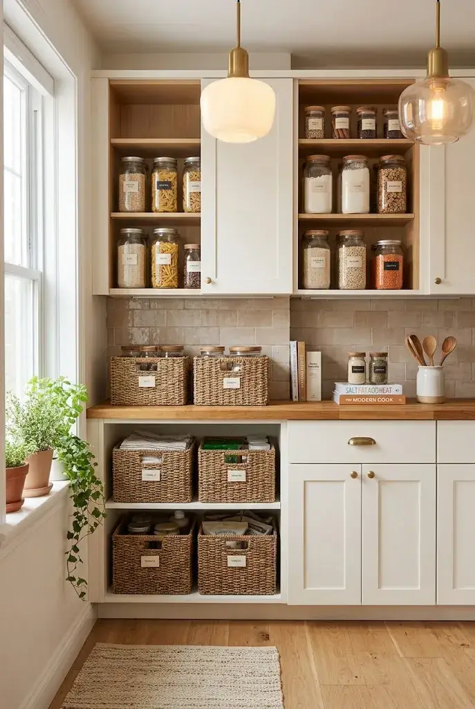 Organized apartment kitchen with matching labeled glass storage containers.