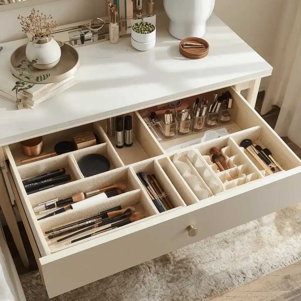 Organized bedroom vanity with hidden drawers and neatly stored beauty products.