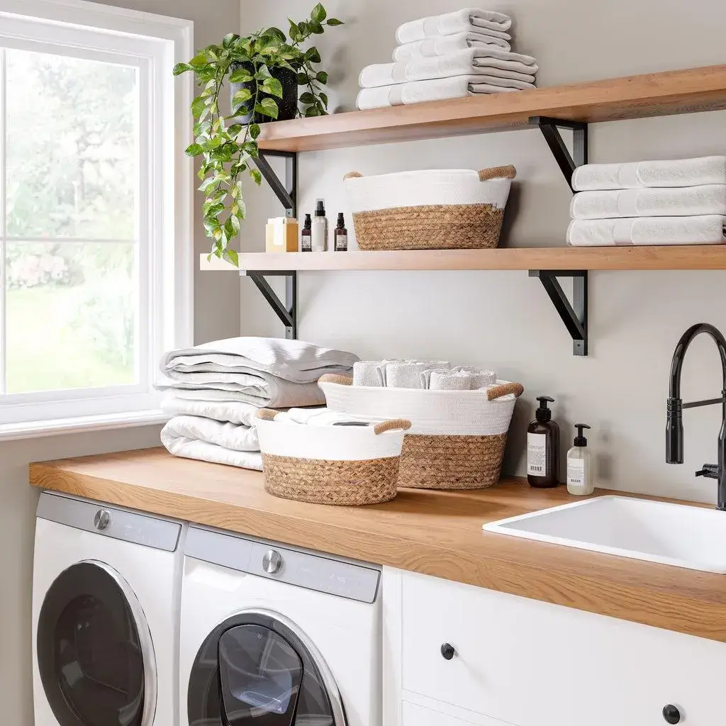 Organized laundry room with woven baskets, wooden shelves, and neatly folded towels.