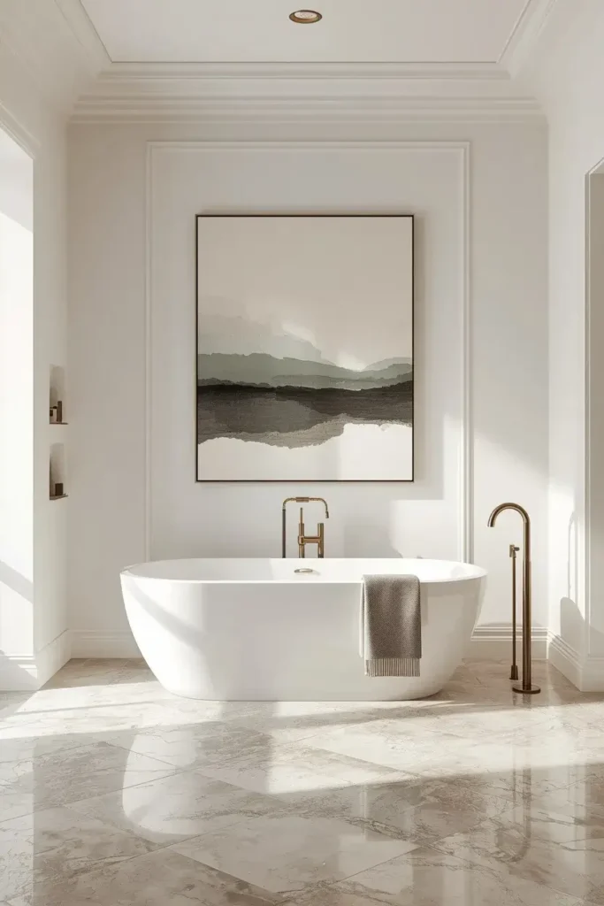 Oversized abstract artwork creating a luxury focal point in a bathroom.