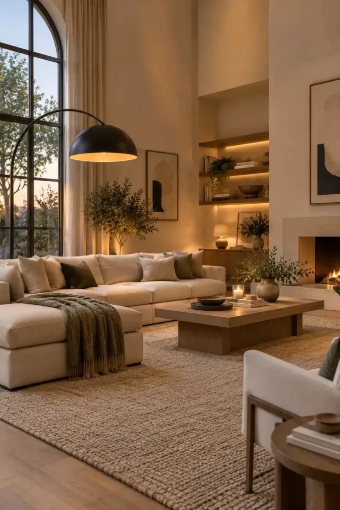 Oversized black floor lamp making a statement in a spacious neutral living room.