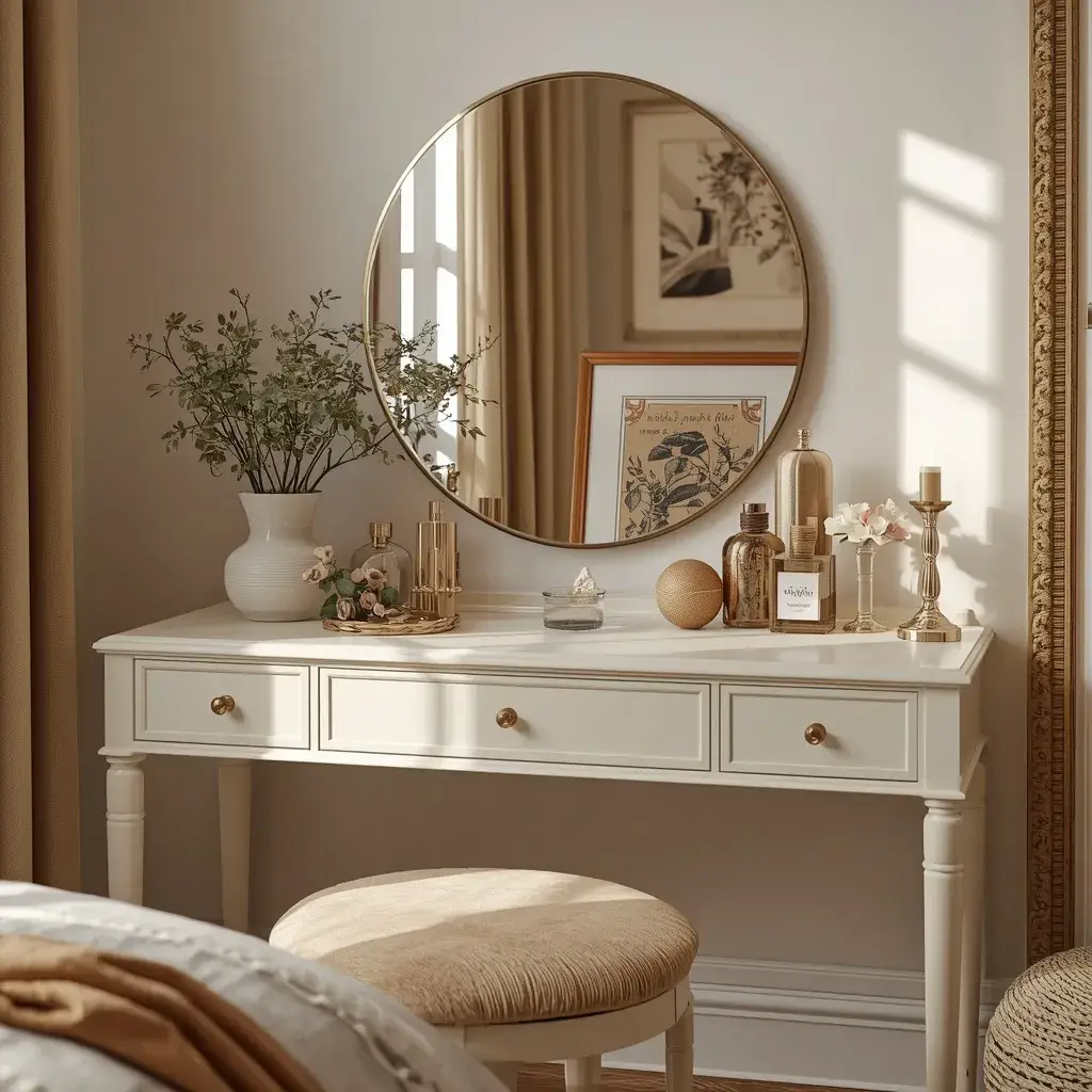 Personalized bedroom vanity with framed artwork, perfume, flowers, jewelry dish, and cozy decor.