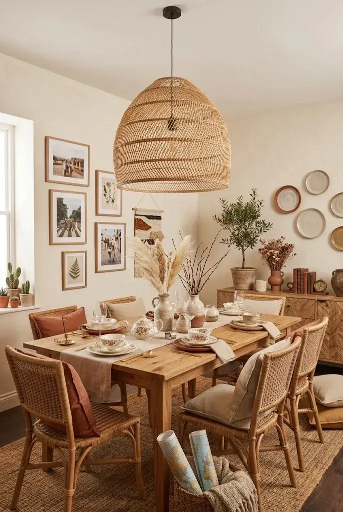 Personalized boho dining room with vintage dishes, handmade ceramics, photographs, and natural decor.