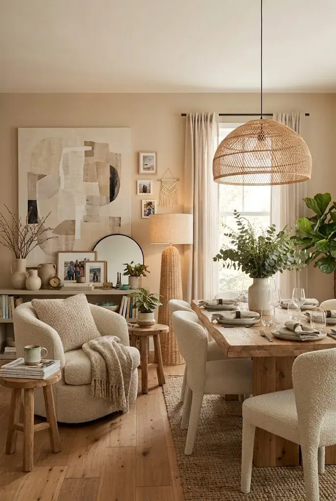 Personalized dining room with family-style photographs, handmade ceramics, books, greenery, and warm decor.
