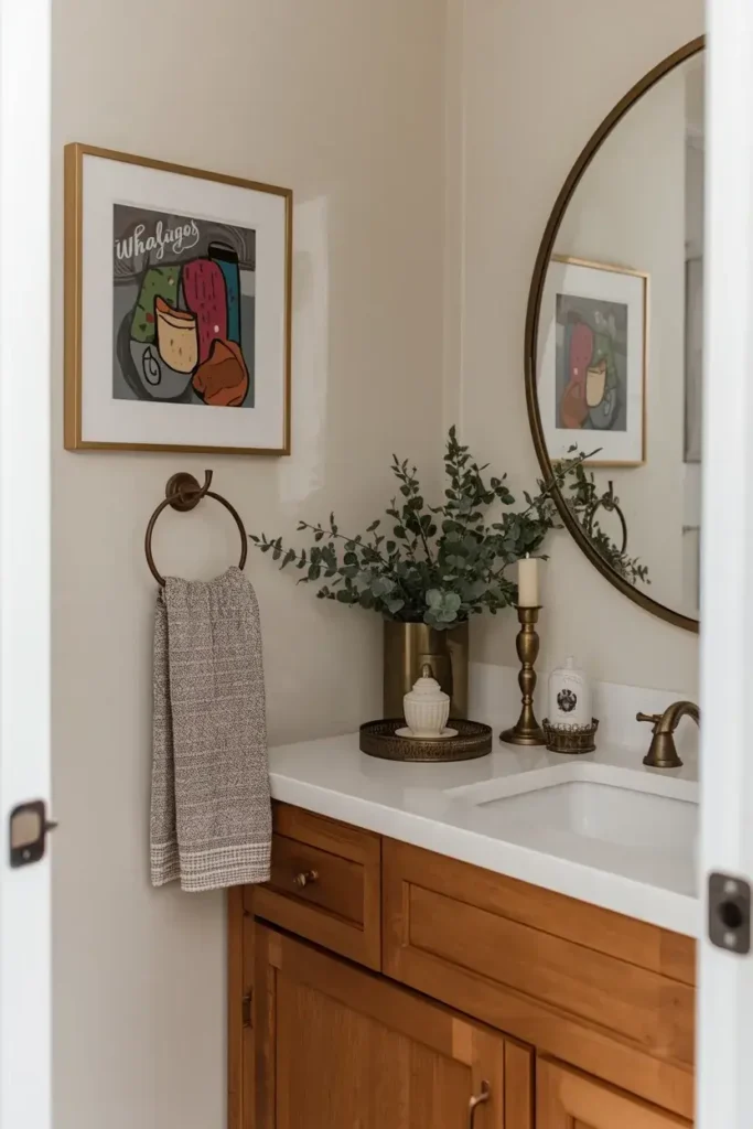 Personalized guest bathroom with artwork, patterned towel, ceramic accessories, and greenery