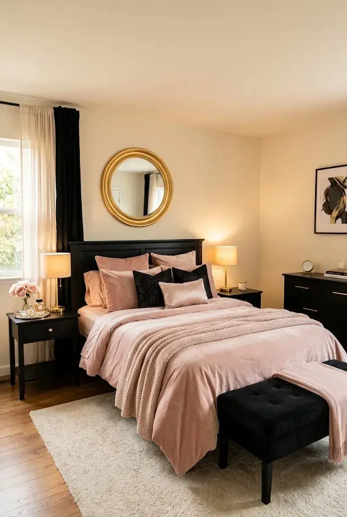 Pink and black bedroom featuring elegant gold lighting and decorative accents