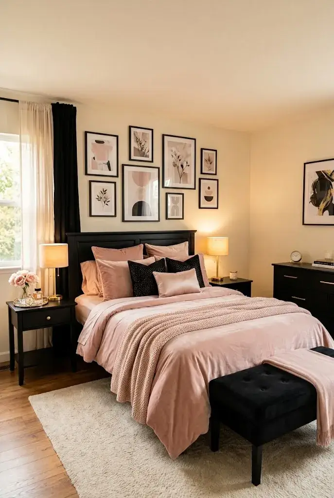 Pink and black gallery wall above a stylish bedroom with coordinated decor.