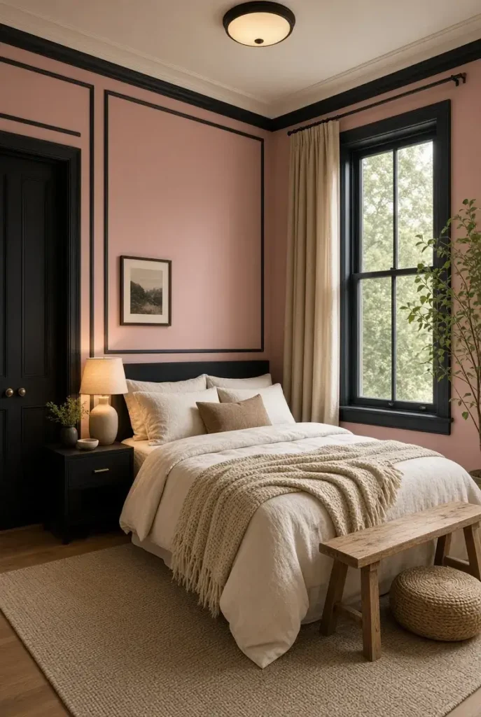 Pink bedroom walls with contrasting black trim and simple modern furniture