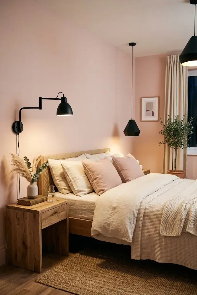 Pink bedroom with black pendant lighting and warm cozy illumination.