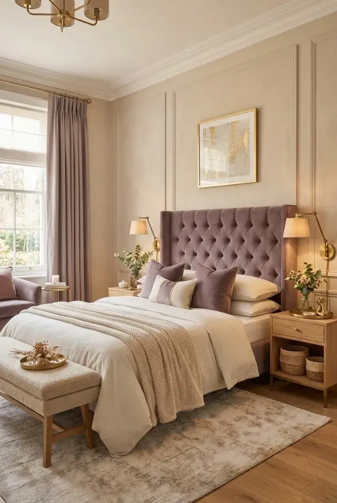 Purple and cream bedroom with soft curtains, neutral bedding, and warm wood accents.