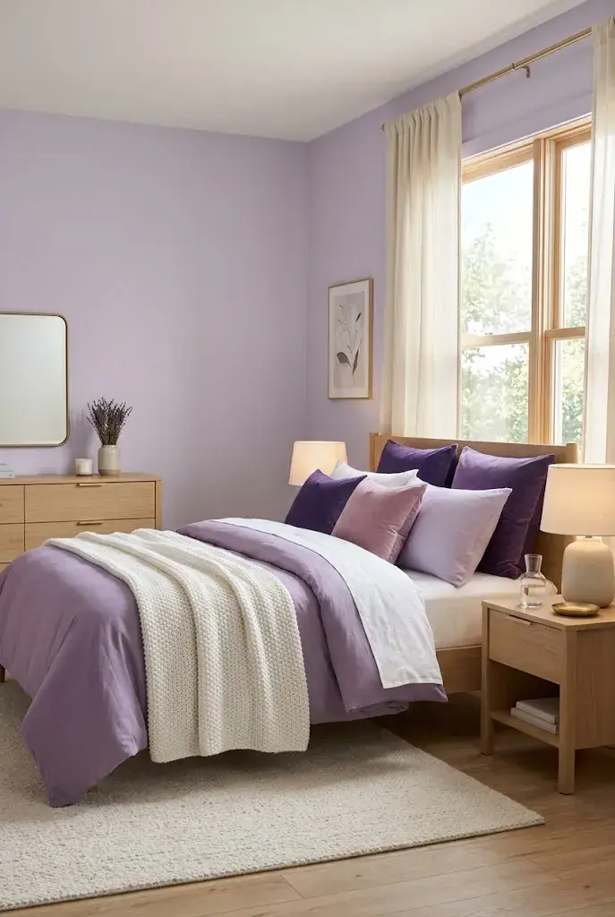 Purple and white bedding layered with lavender pillows and a cozy cream throw.