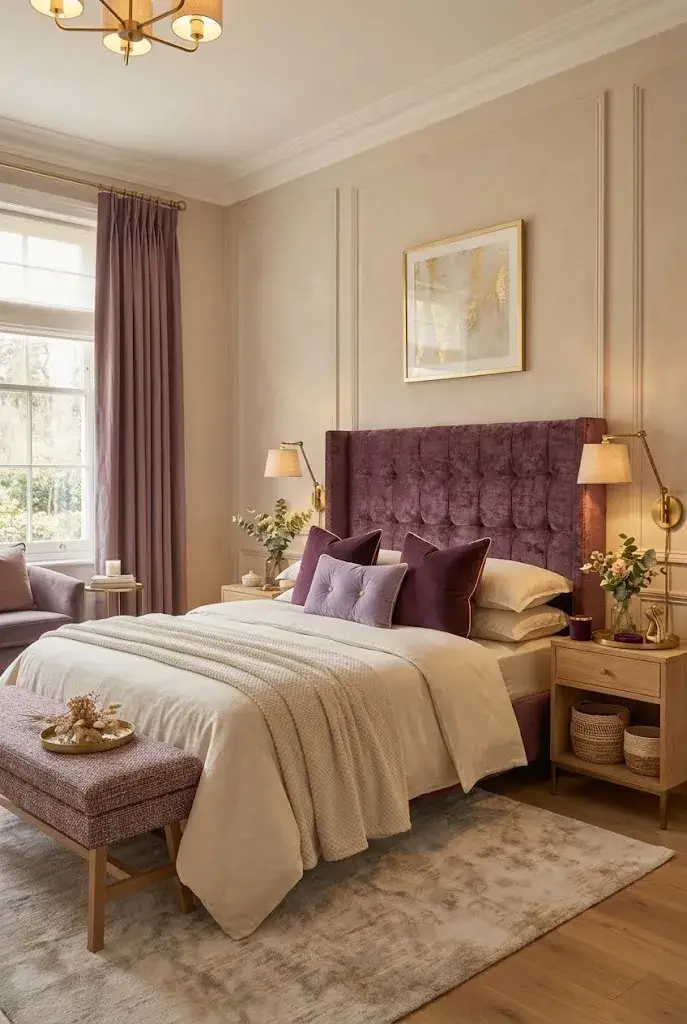  Purple bedroom decorated with elegant gold accents and warm neutral furnishings.