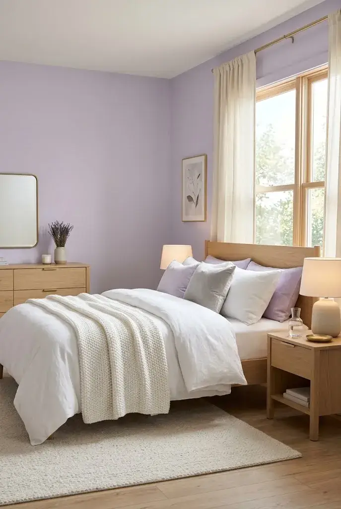 Purple bedroom with soft lavender walls, white bedding, and light wood furniture.