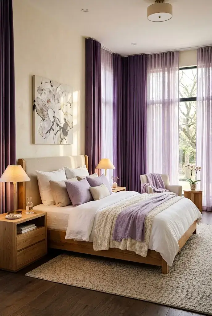 Purple floor-to-ceiling curtains framing a bright and cozy bedroom.