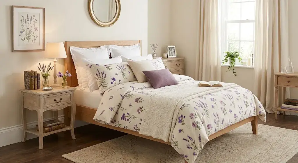 Purple floral bedding creating a soft and romantic bedroom atmosphere.