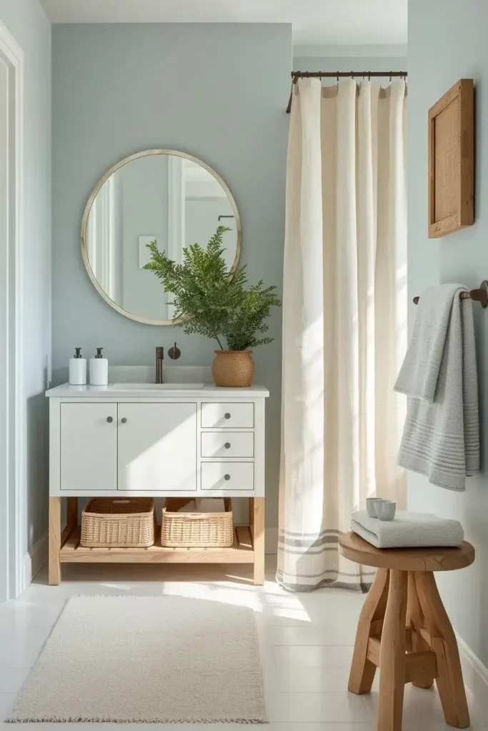 Relaxed coastal bathroom with pale blue walls, white vanity, natural wood, and woven accessories.
