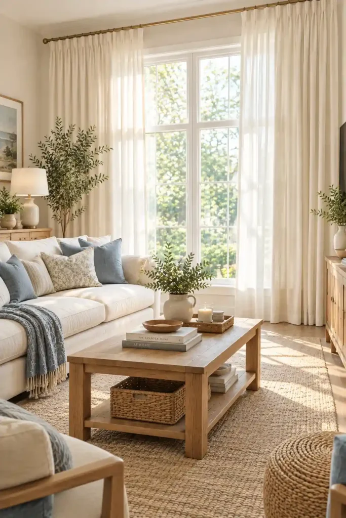 Relaxed living room with soft ivory cotton curtains, cozy sofa, and natural wooden furniture.