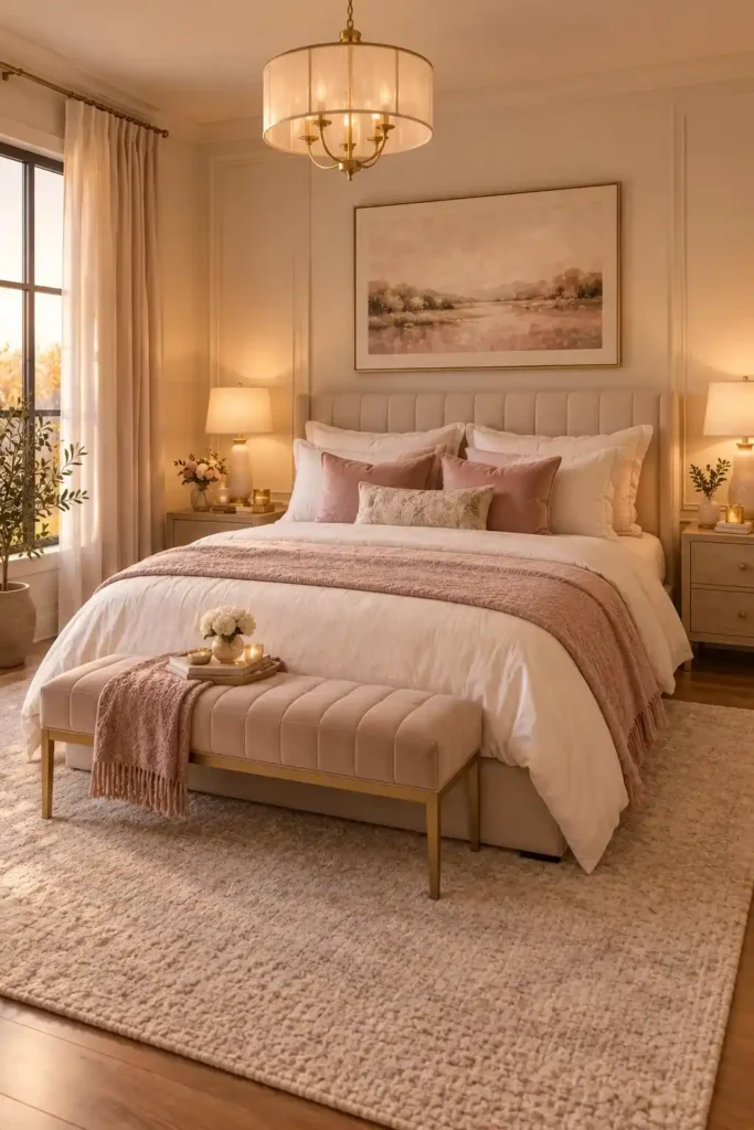 Romantic master bedroom with blush bedding and warm ambient lighting