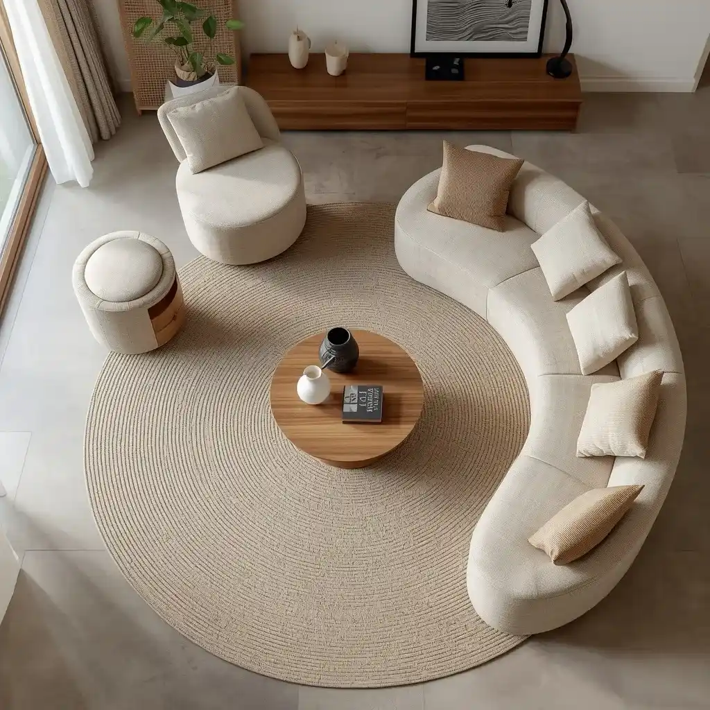 Round area rug creating a softer shape in a modern living room