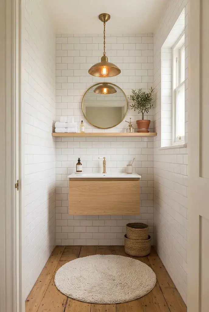 Round cream bathroom rug in a small stylish bathroom